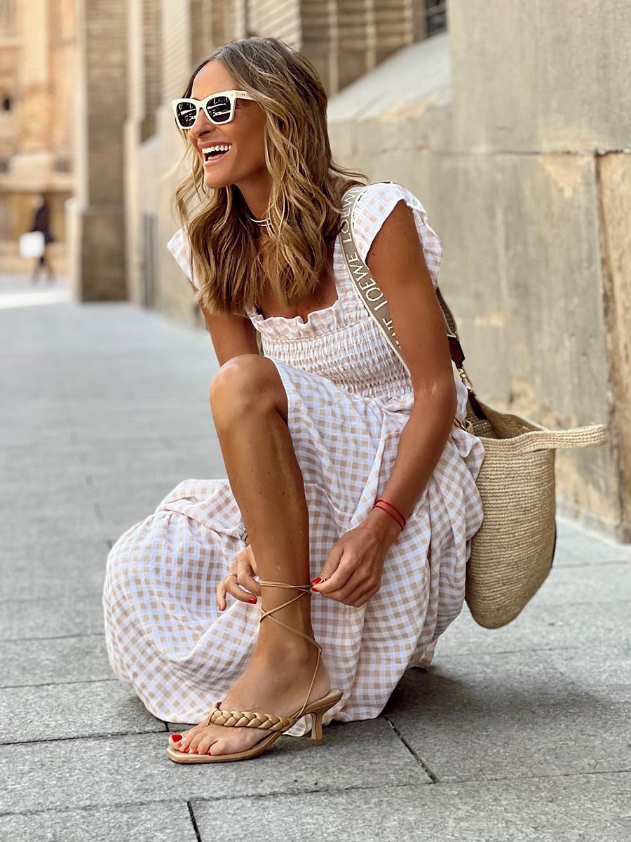 Veleaee Collage Plaid Halter Casual Big Hem Dresses