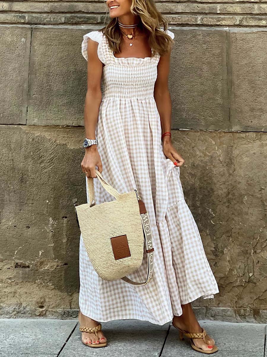 Veleaee Collage Plaid Halter Casual Big Hem Dresses