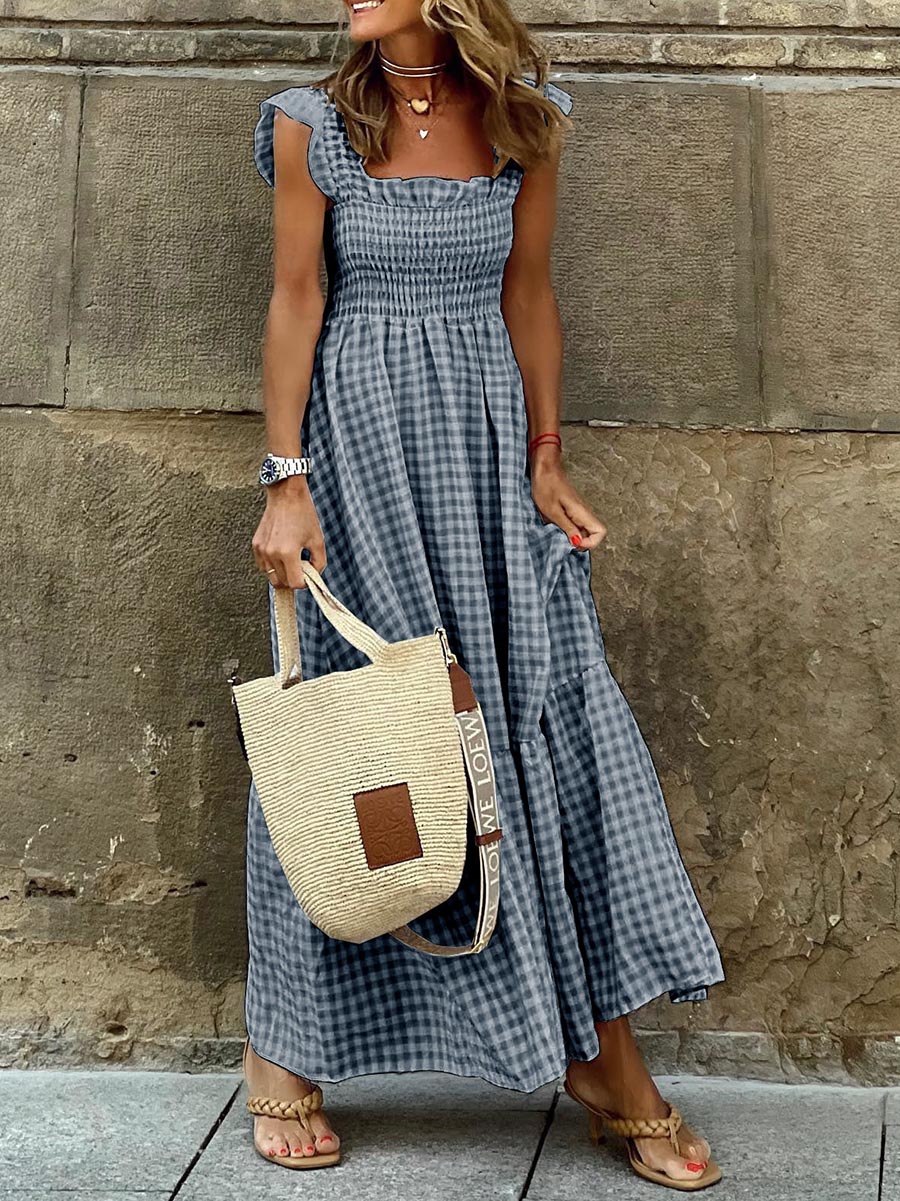 Veleaee Collage Plaid Halter Casual Big Hem Dresses