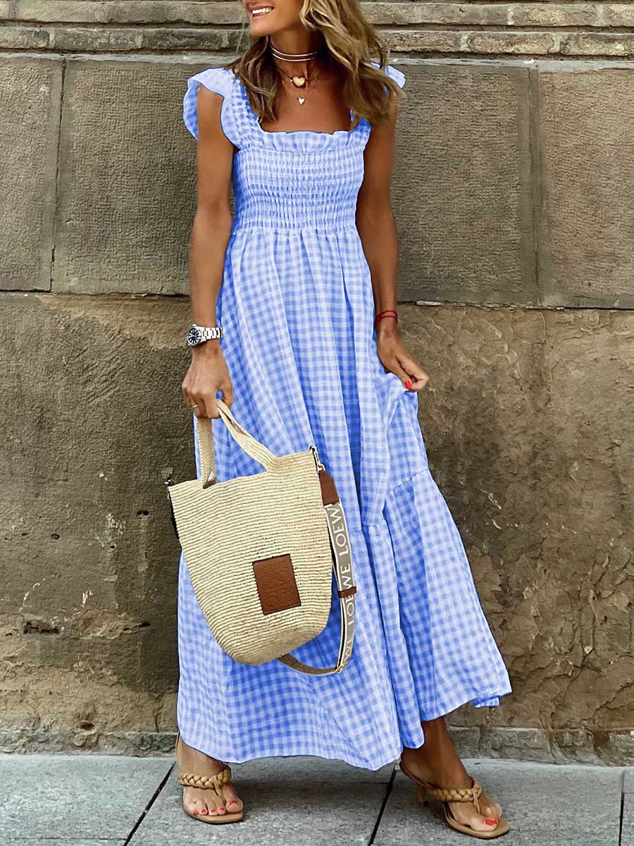 Veleaee Collage Plaid Halter Casual Big Hem Dresses