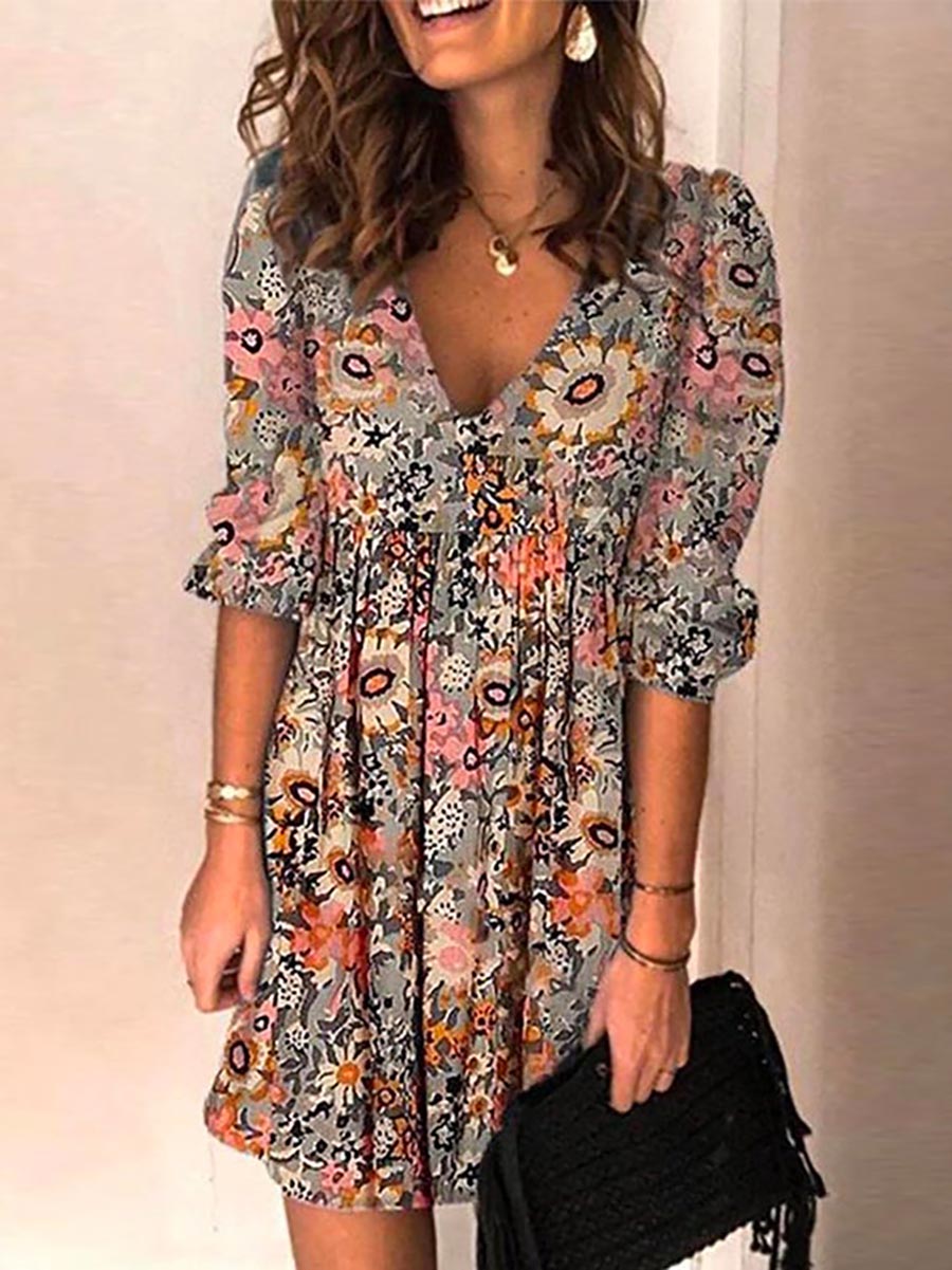 Veleaee Casual V Neck Half Sleeve Printed Swing Dress