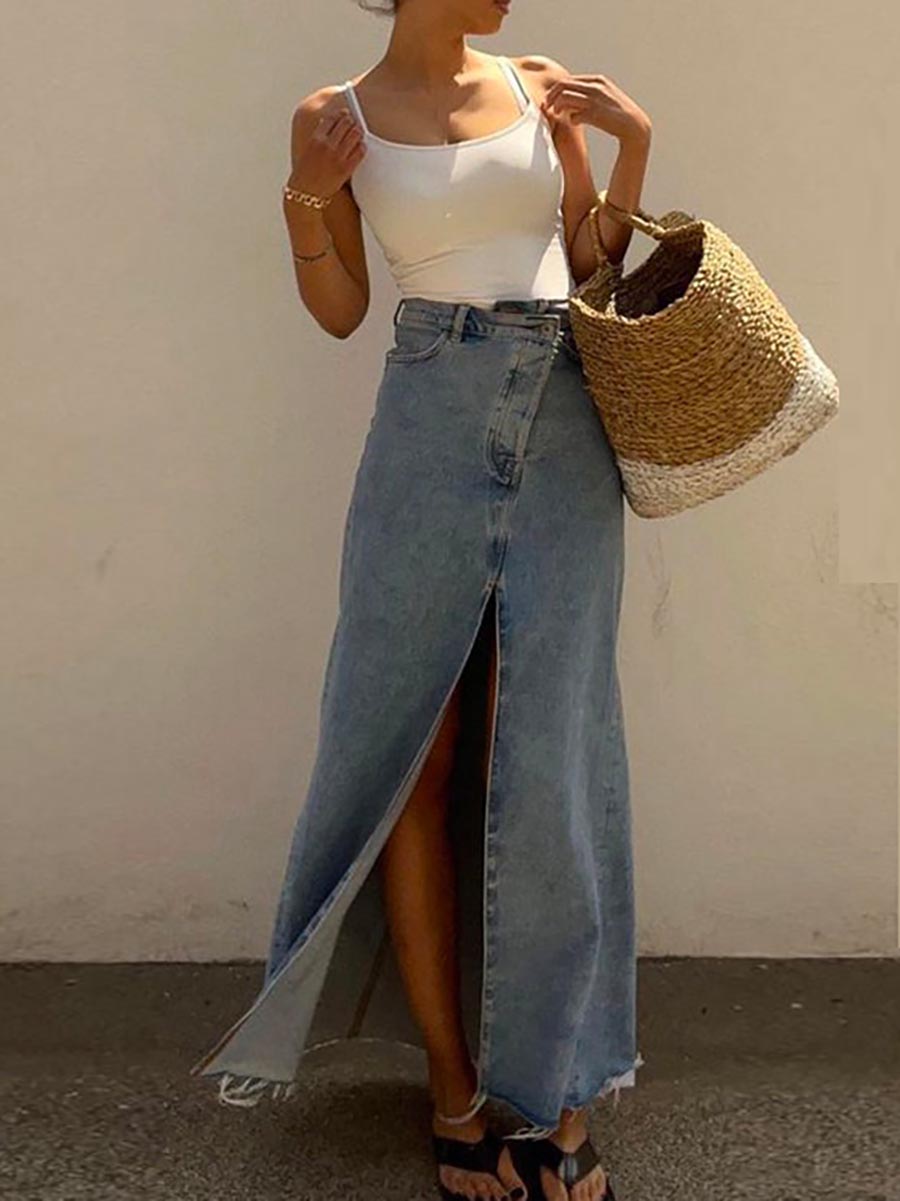 Veleaee Raw Hem High Slit Maxi Denim Skirt