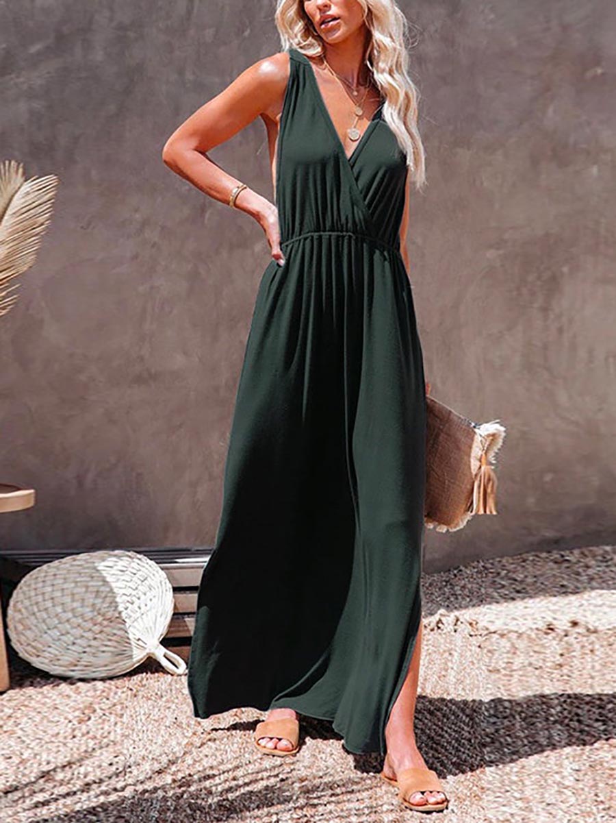 Veleaee Sleeveless V Neck Side Split Solid Maxi Sundress