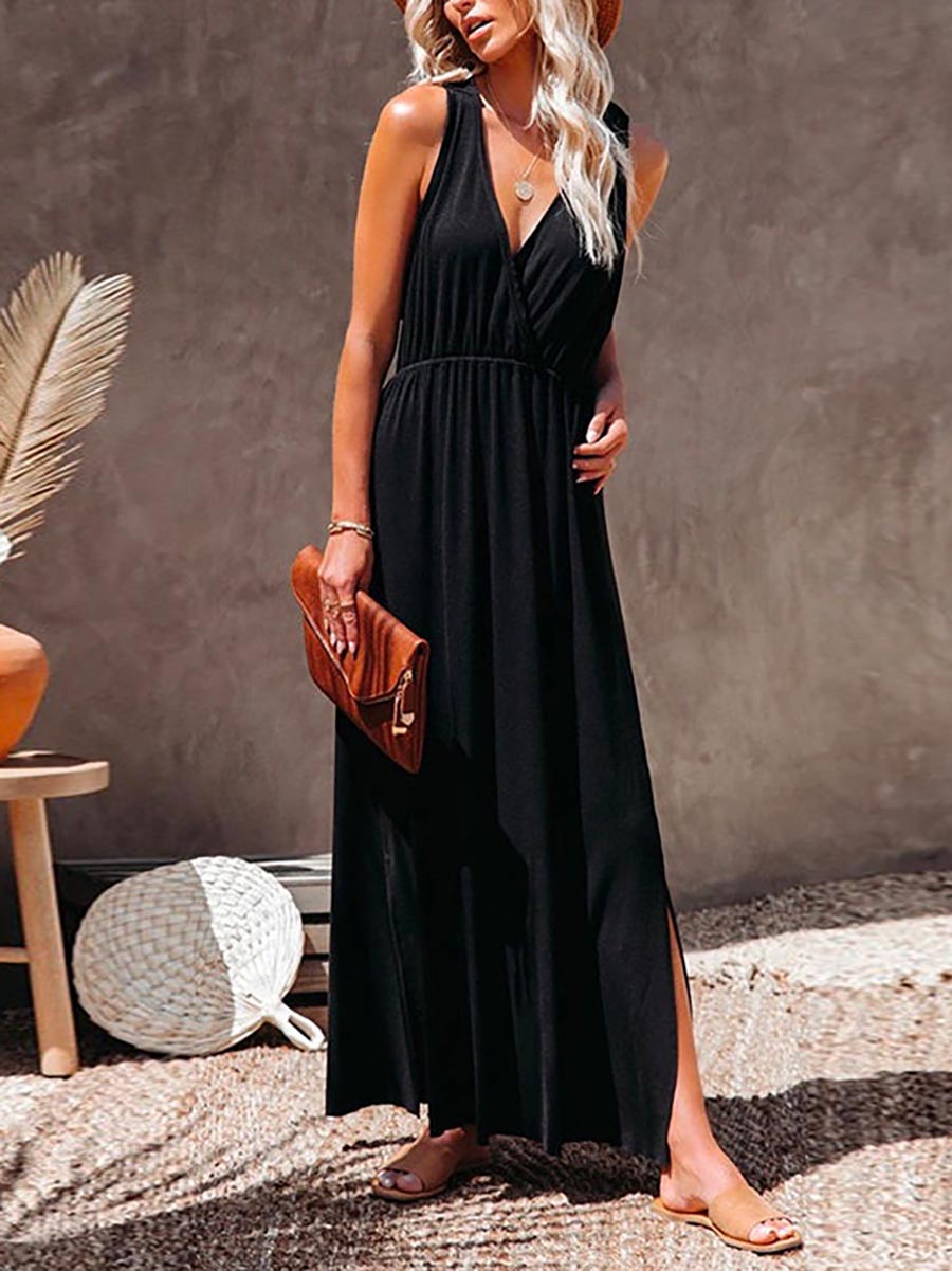 Veleaee Sleeveless V Neck Side Split Solid Maxi Sundress