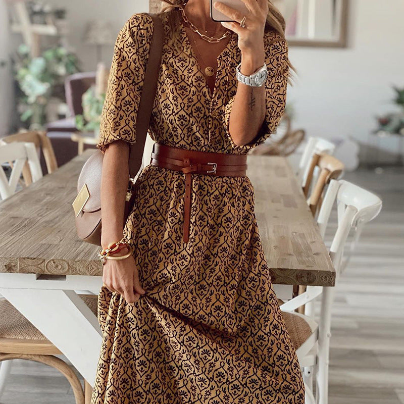 Veleaee Bohemian Print Short-Sleeved V-Neck Dress