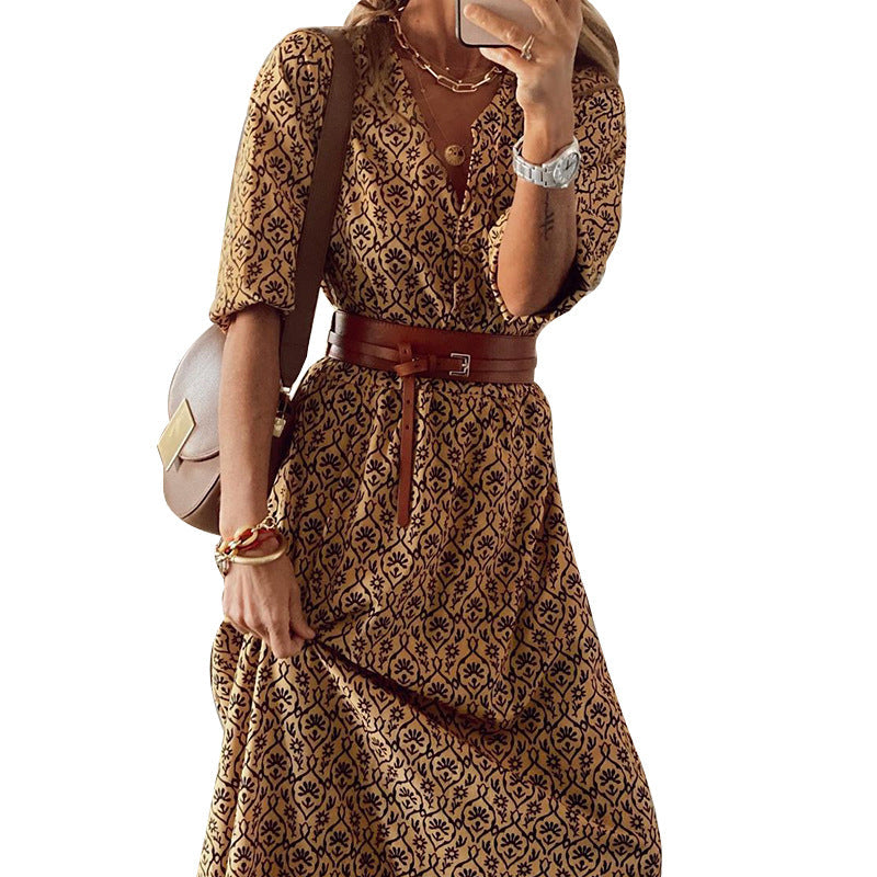 Veleaee Bohemian Print Short-Sleeved V-Neck Dress