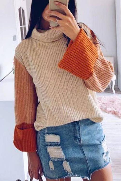 Veleaee Pumpkin Oversized Color Block Sweater