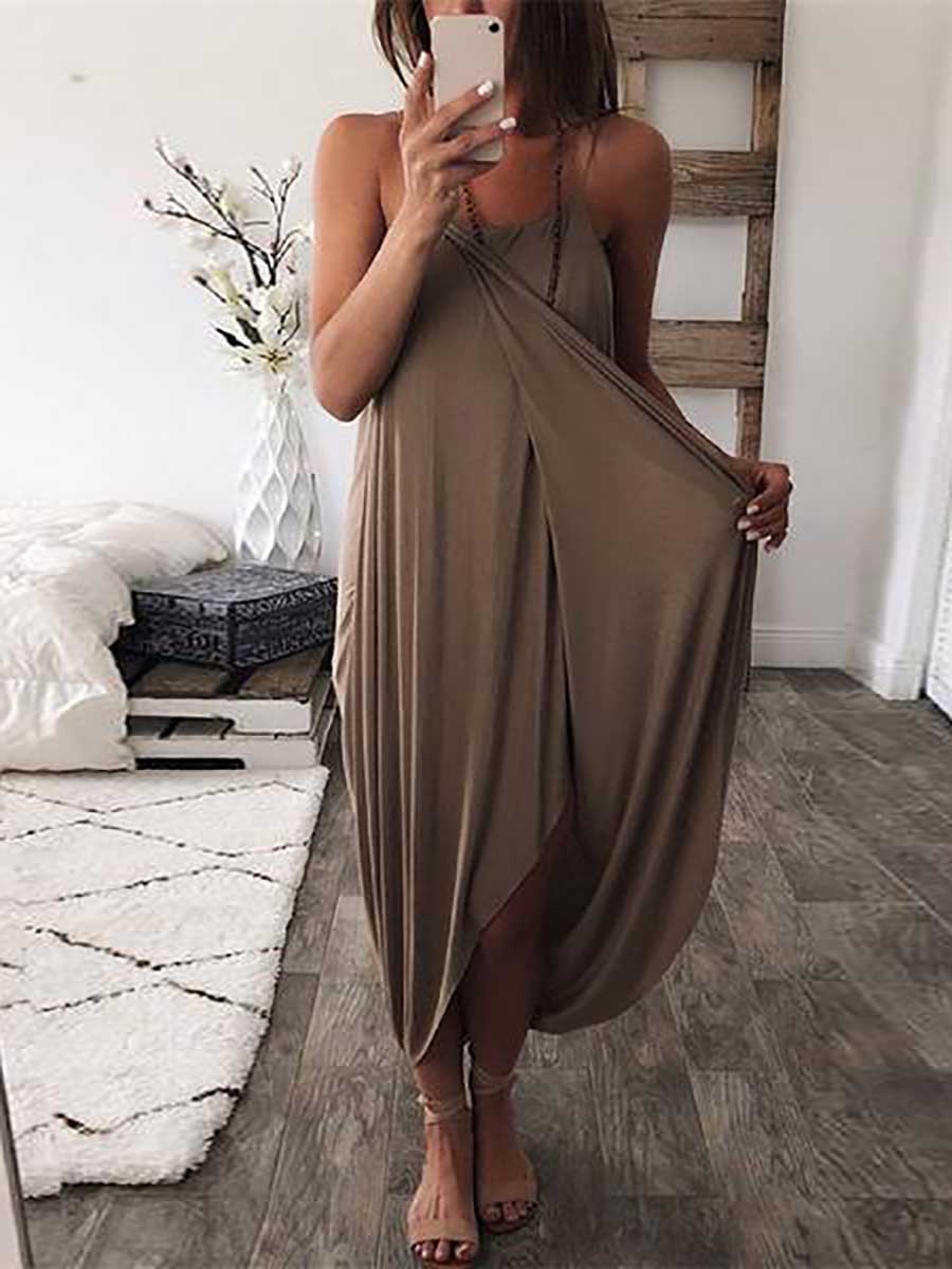 Veleaee Wrapped Split Solid Cami Beach Dress