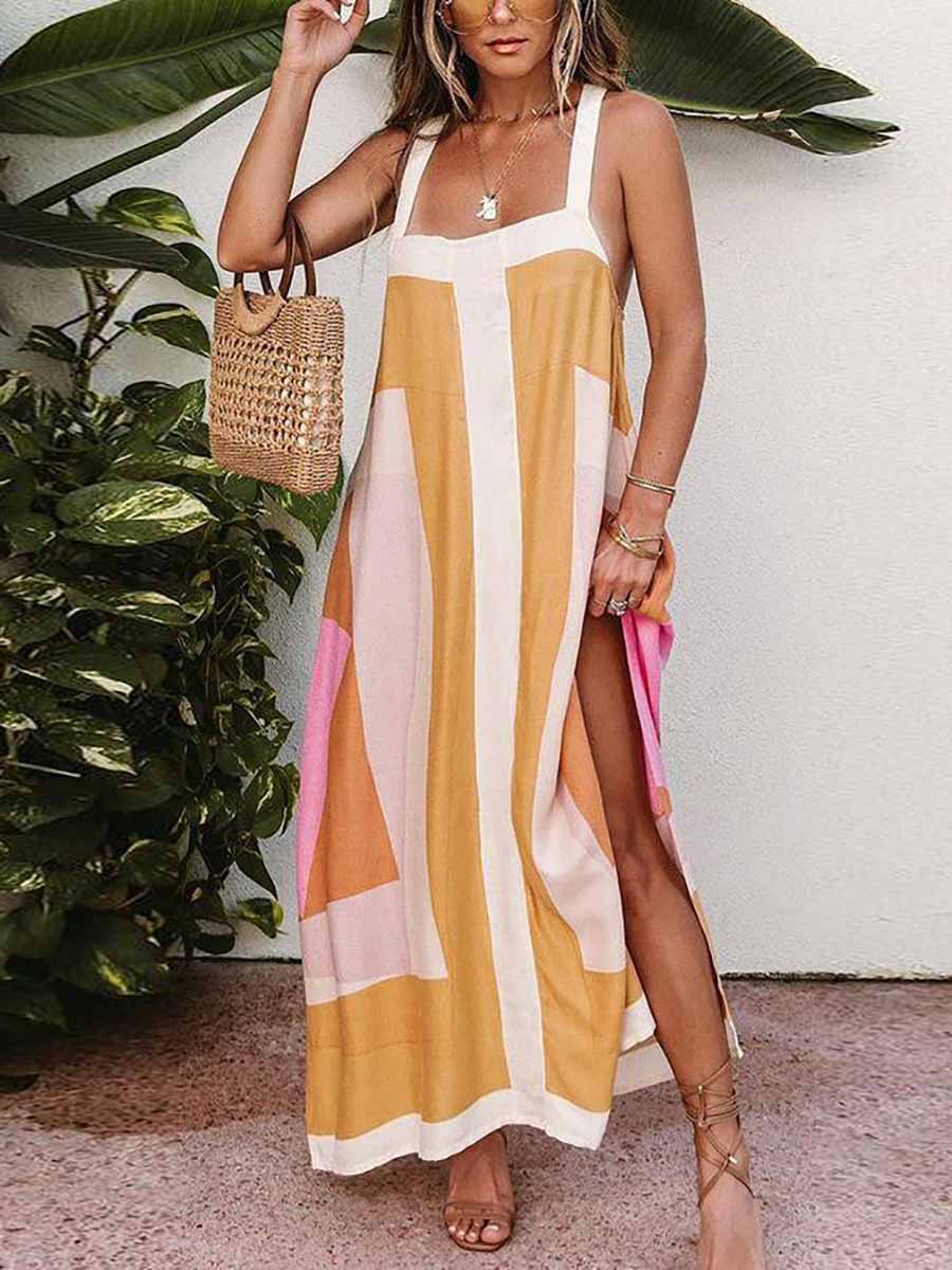 Veleaee Color Block Stitching Holiday Maxi Dress