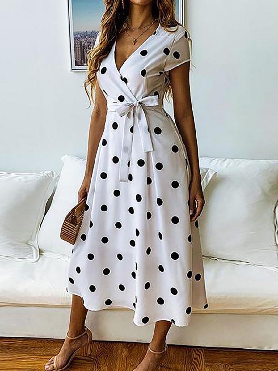 Veleaee Dot Print V Neck Sleeveless Dress