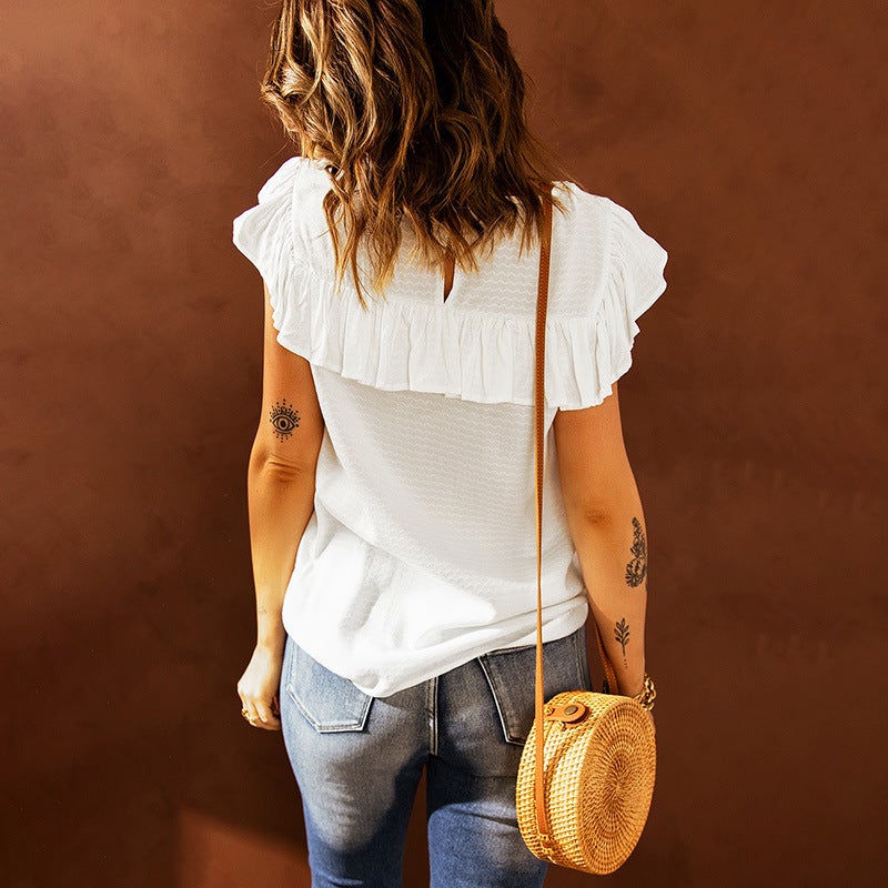 Veleaee Lace Ruffle Round Neck Top