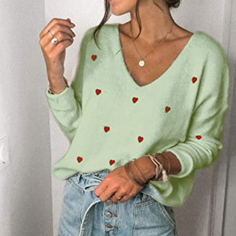 Veleaee Love Polka Dot V-Neck Sweater