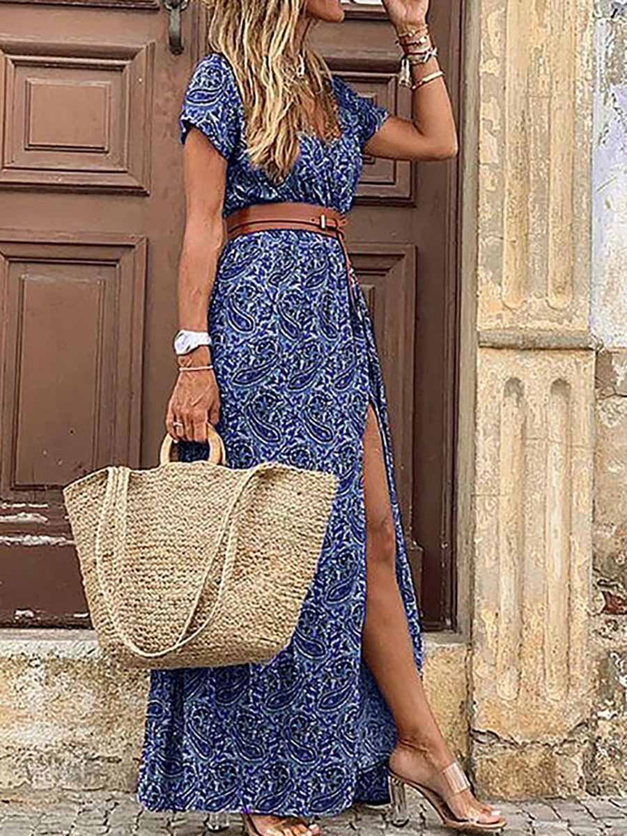 Veleaee Boho Style V-neck Floral Belt Dress (7 colors)