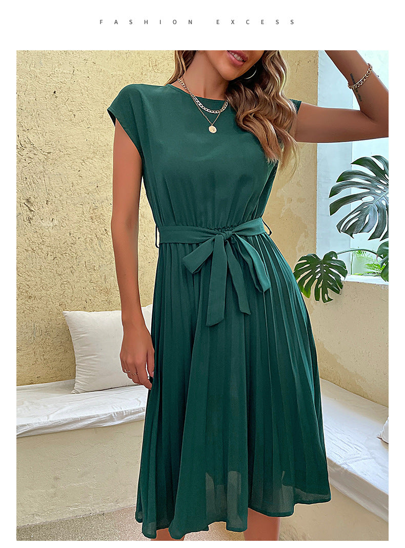 Veleaee Solid Color Lace-Up Pleated Dress