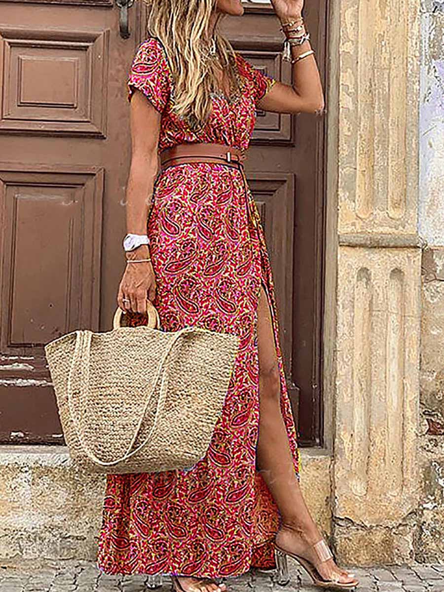 Veleaee Boho Style V-neck Floral Belt Dress (7 colors)