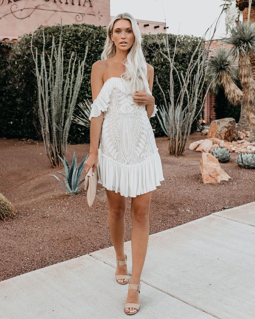 Veleaee Lace Pleated Ruffle One-Shoulder Dress