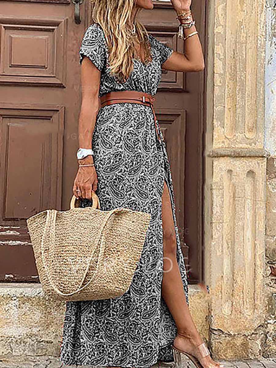 Veleaee Boho Style V-neck Floral Belt Dress (7 colors)