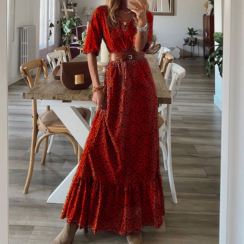 Veleaee Bohemian Print Short-Sleeved V-Neck Dress