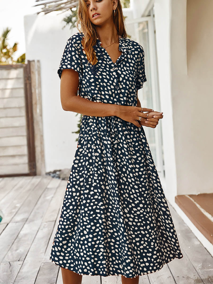 Veleaee Polka Dot Short-Sleeve Dress(7 colors)