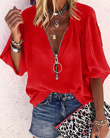Veleaee Solid Color V-Neck Zipper Shirt