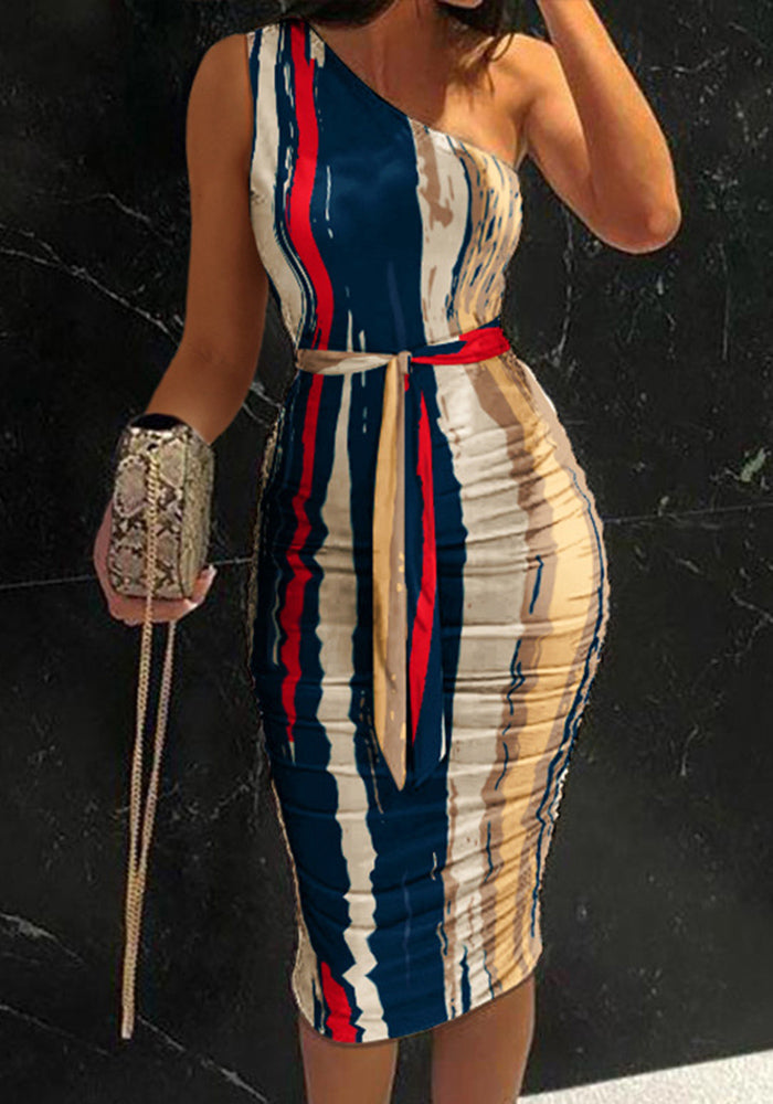 Veleaee Abstract Print One Shoulder Ruched Bodycon Dress