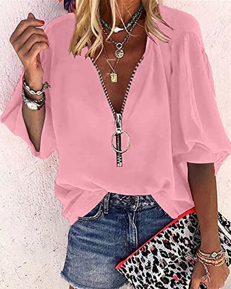 Veleaee Solid Color V-Neck Zipper Shirt