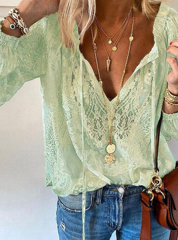Veleaee Printed Solid Color Lace Shirt
