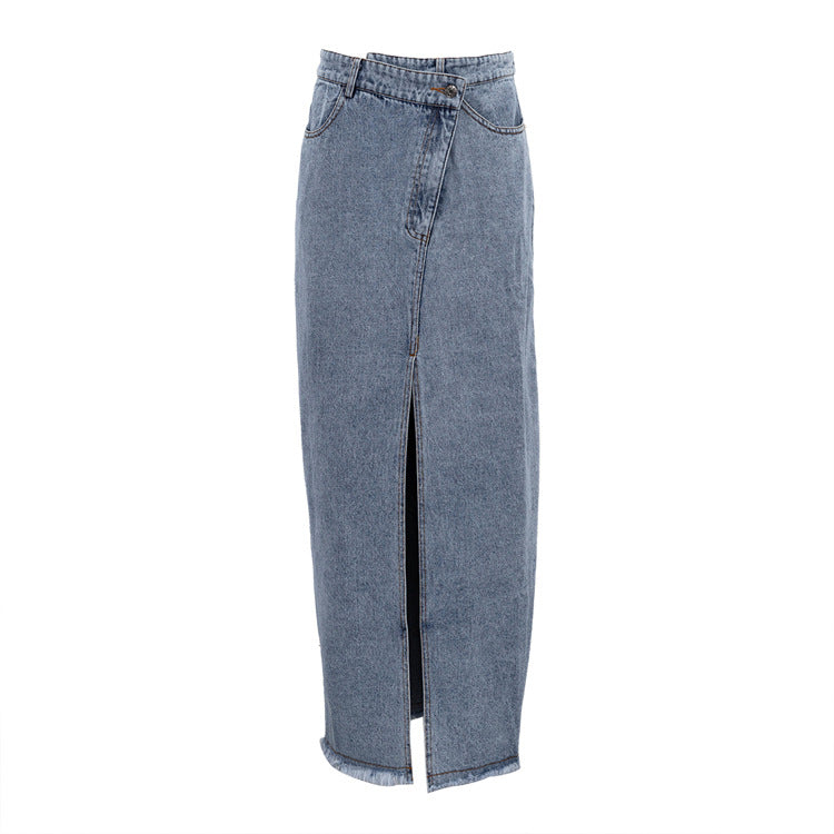 Veleaee Raw Hem High Slit Maxi Denim Skirt