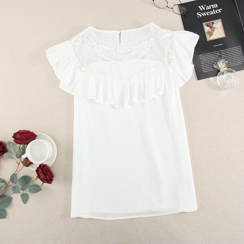 Veleaee Lace Ruffle Round Neck Top