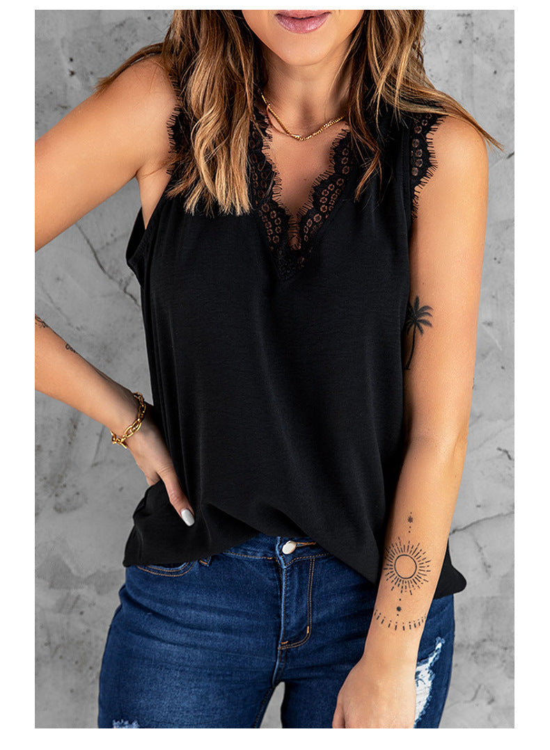 Veleaee Inside And Outside Lace Sleeveless Loose Tops(5 colors)