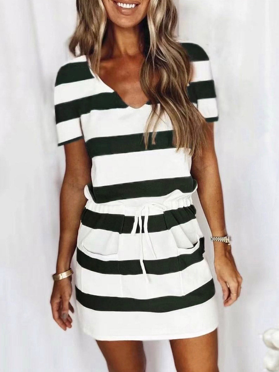 Veleaee Striped Drawstring Dresses（6 colors）