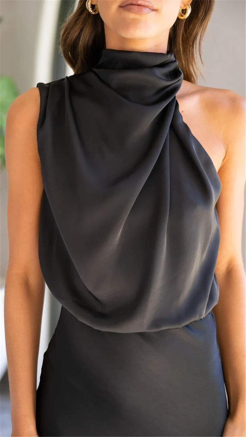 Veleaee Sleeveless Hanging Neck Solid Color Satin Dress(6 Colors)