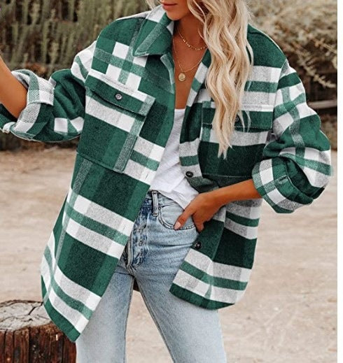 Veleaee Loose Plaid Shirt Coat