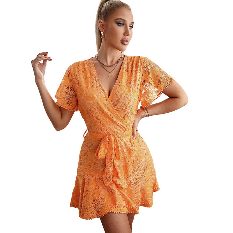 Veleaee V-Neck Belt Floral Dress