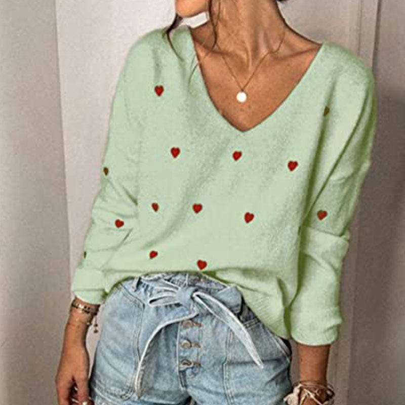 Veleaee Love Polka Dot V-Neck Sweater
