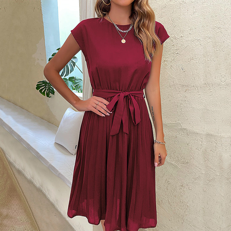 Veleaee Solid Color Lace-Up Pleated Dress