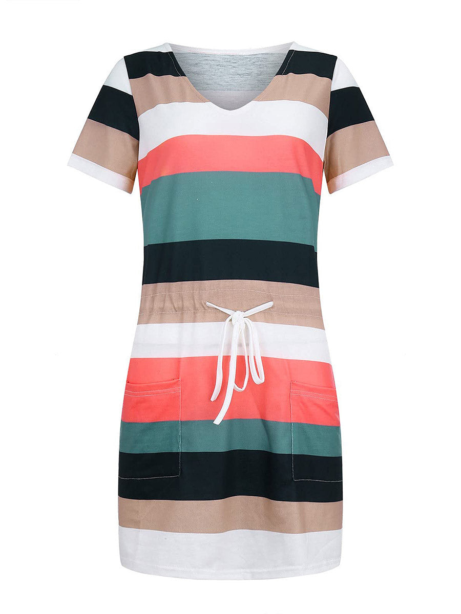Veleaee Striped Drawstring Dresses（6 colors）