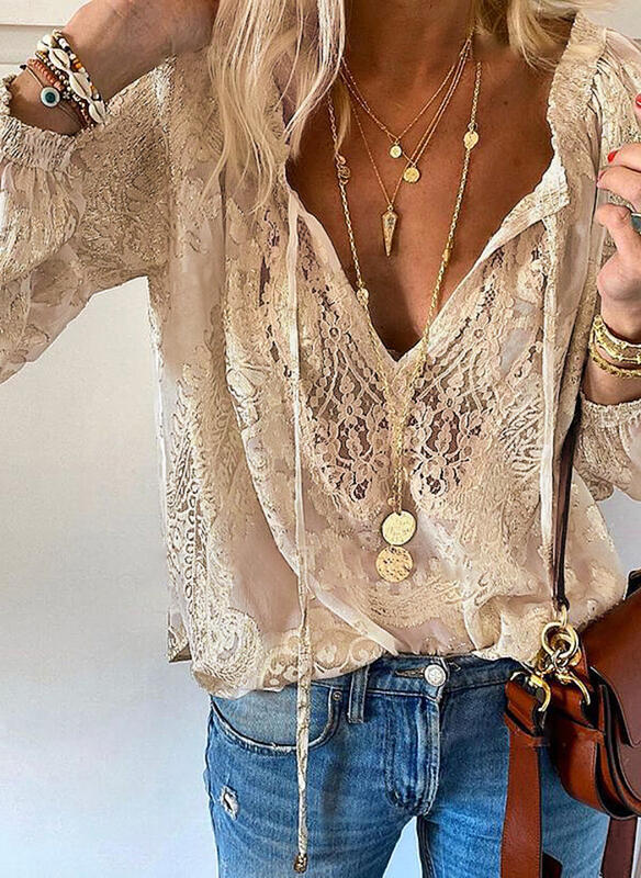 Veleaee Printed Solid Color Lace Shirt