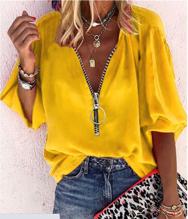 Veleaee Solid Color V-Neck Zipper Shirt