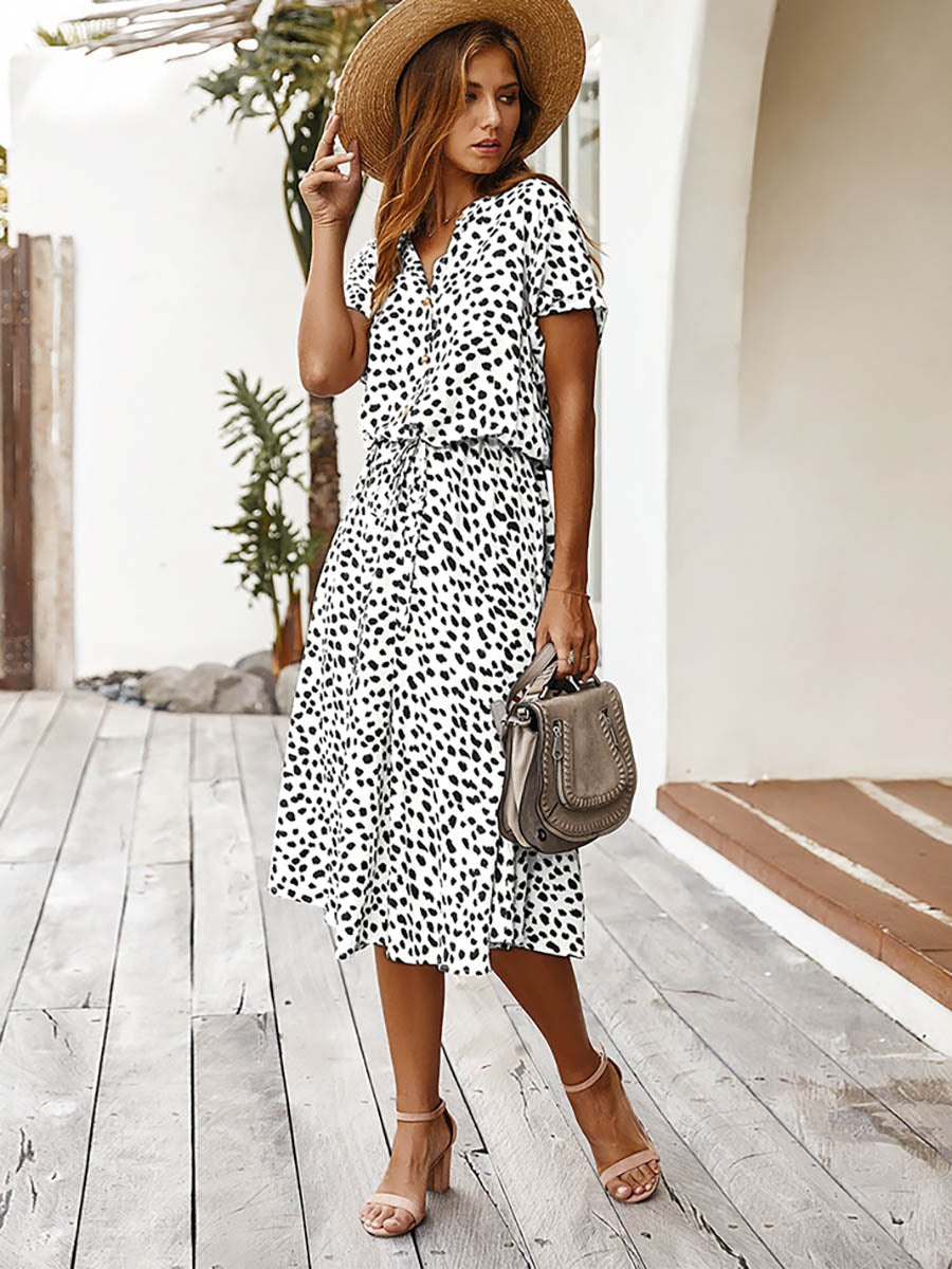 Veleaee Polka Dot Short-Sleeve Dress(7 colors)