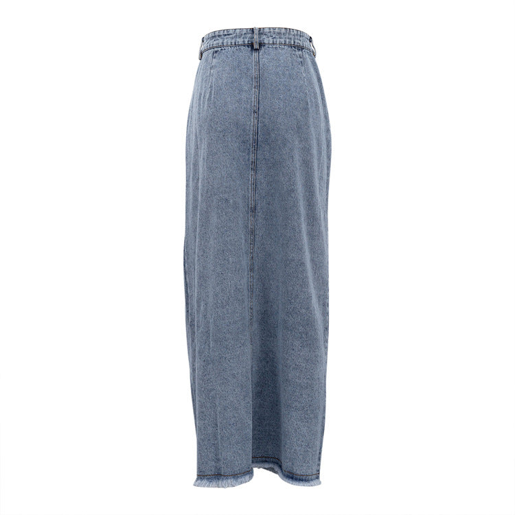 Veleaee Raw Hem High Slit Maxi Denim Skirt