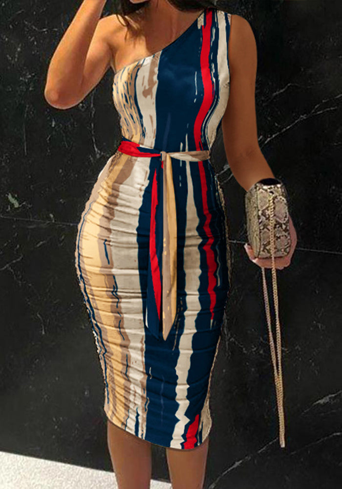 Veleaee Abstract Print One Shoulder Ruched Bodycon Dress