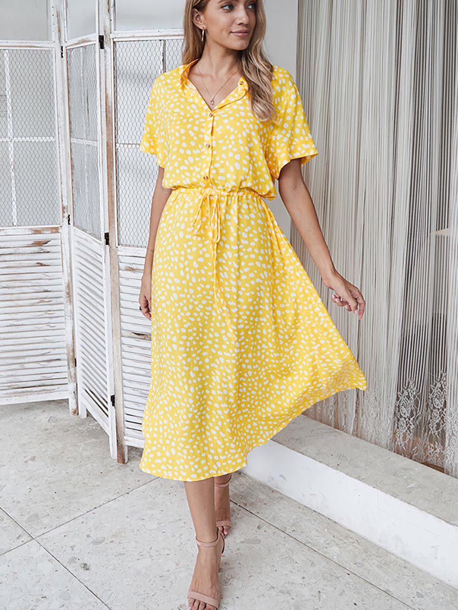 Veleaee Polka Dot Short-Sleeve Dress(7 colors)