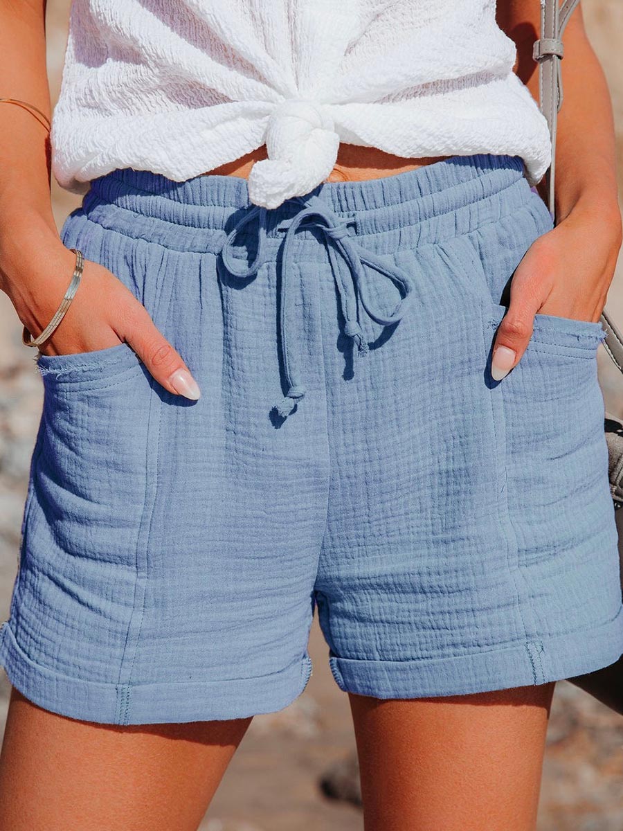 Veleaee Tie Waist Cotton Linen Shorts with Pockets