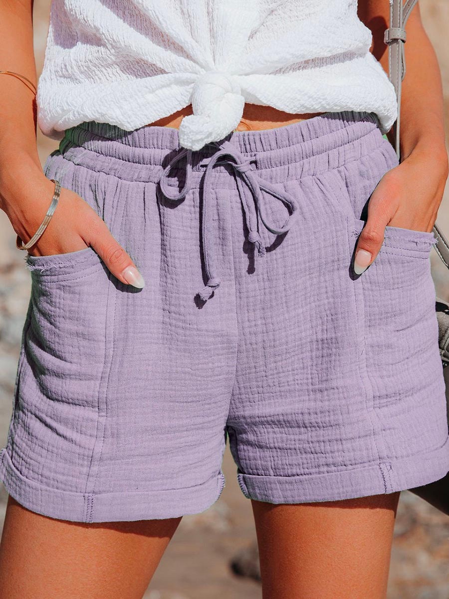 Veleaee Tie Waist Cotton Linen Shorts with Pockets
