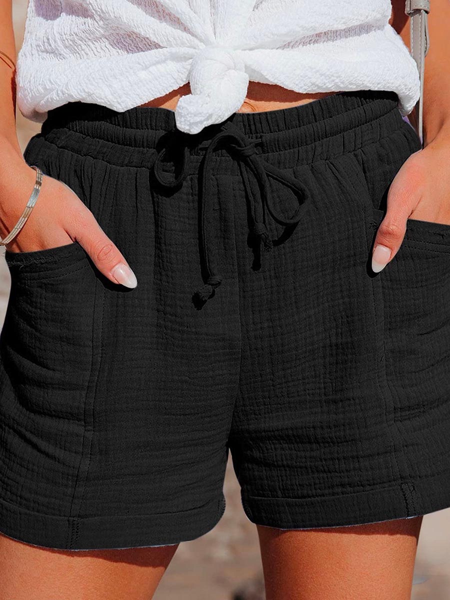 Veleaee Tie Waist Cotton Linen Shorts with Pockets