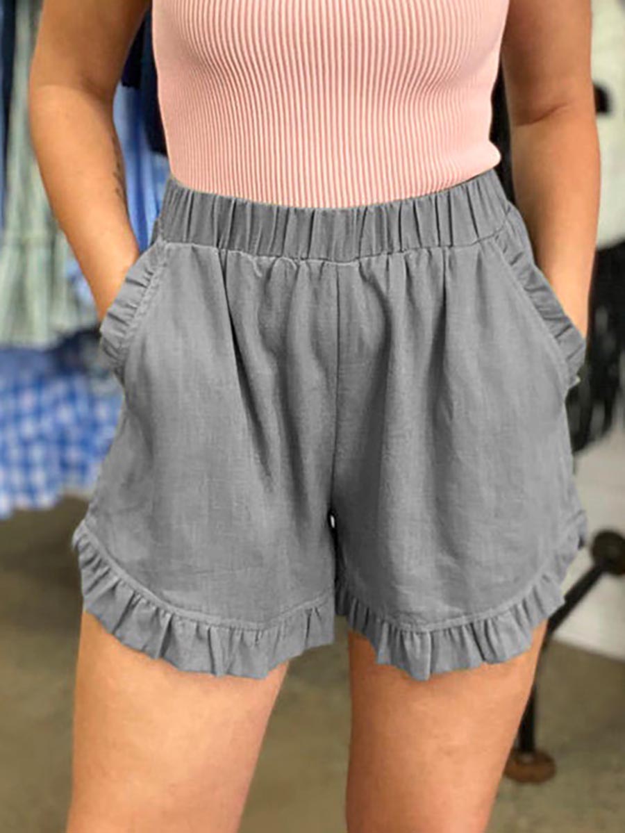 Veleaee Elastic Waist Wide Leg Ruffle Cotton Linen Shorts
