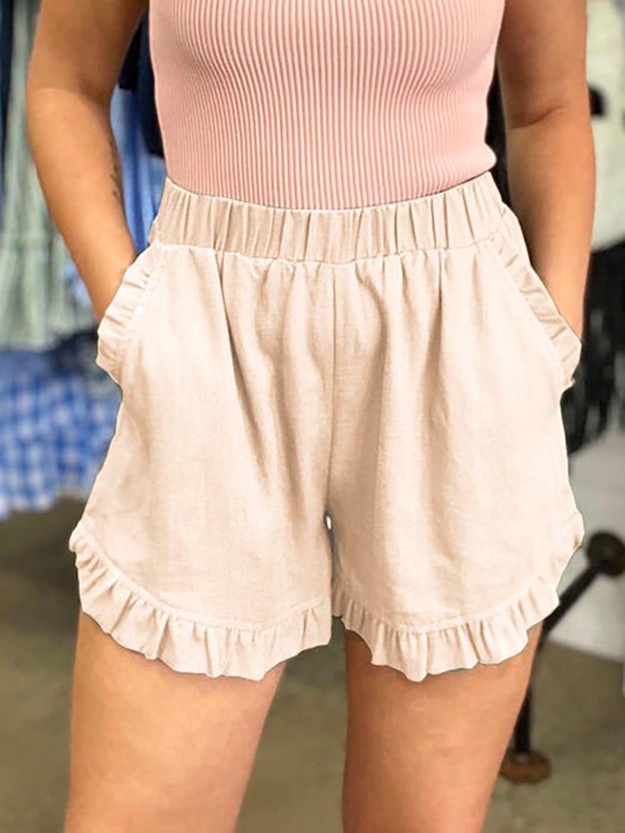 Veleaee Elastic Waist Wide Leg Ruffle Cotton Linen Shorts