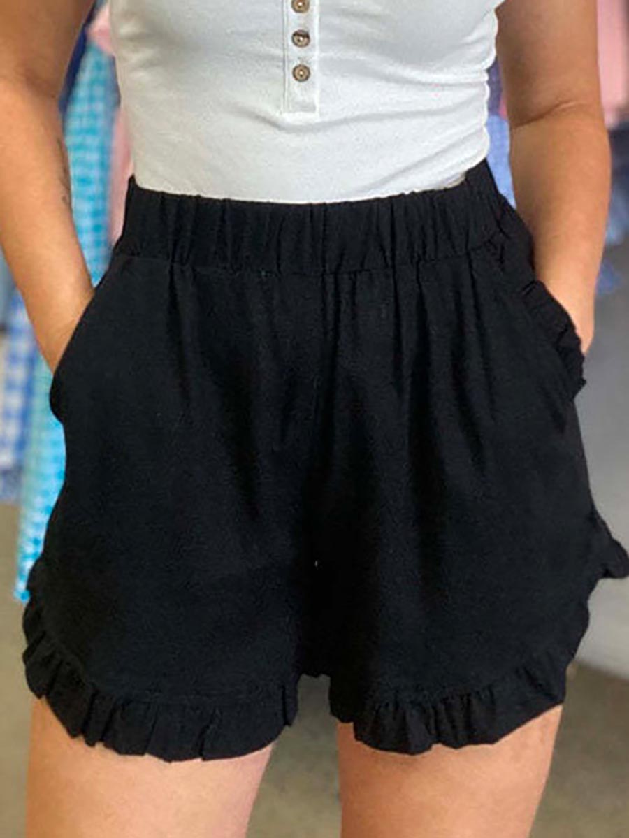 Veleaee Elastic Waist Wide Leg Ruffle Cotton Linen Shorts