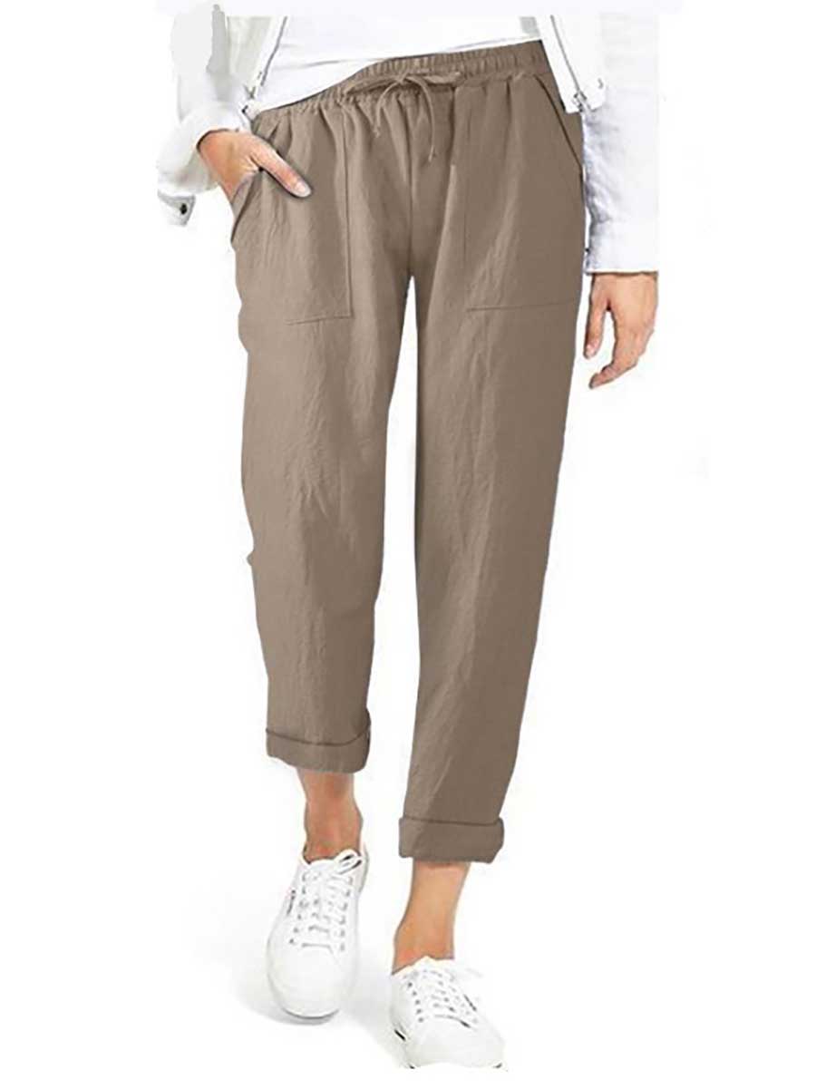 Veleaee Drawstring High Waist Pocket Loose Large Size Cotton Linen Casual Pants